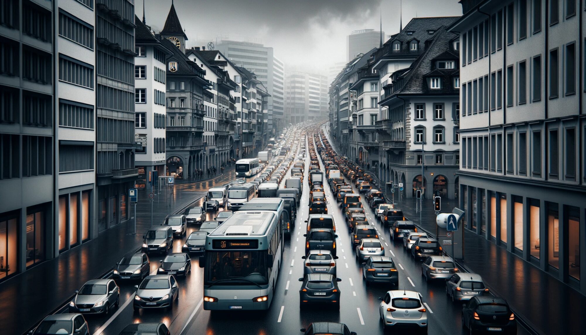 DALL E 2023 11 22 08 42 25 A traffic jam in Zurich on a dull overcast day The scene captures a busy street filled with a variety of cars and buses all stuck in traffic Build
