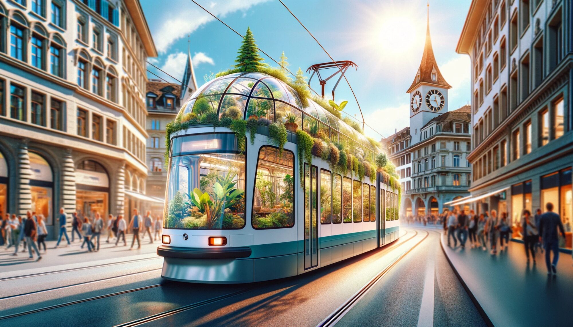 DALL E 2023 11 22 09 07 41 The image features a unique tram in Zurich designed as a greenhouse filled with trees and plants It is depicted in a 16 9 ratio driving through a