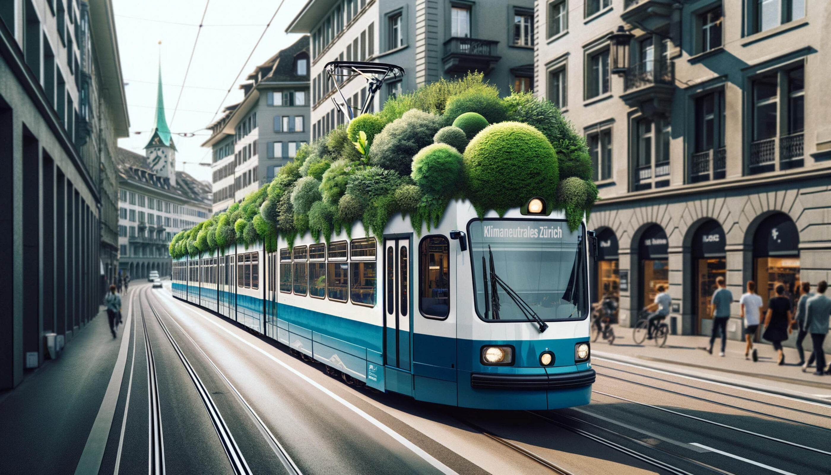 DALL E 2023 11 22 07 11 20 A tram driving through Zurich with a focus on eco friendliness similar to the previous image The tram is adorned with a green bush filled top show Kopie